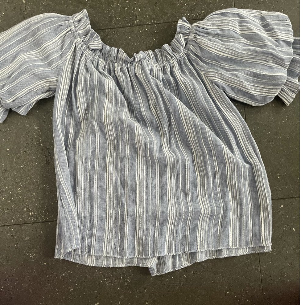 Light Blue Stripe Off Shoulder Half Sleeve Top Blouse